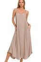 Mocha Zenana woven cami dress with arc hem, flowy pockets, sleeveless design, perfect for casual summer wear.