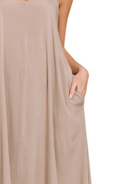 Mocha Zenana woven cami dress featuring an arc hem and flowy pockets, styled by Trendsi for a casual, comfortable look.