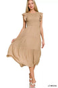 Mocha Zenana woven smocked ruffle sleeve midi dress with a relaxed fit and feminine design, perfect for casual or dressy occasions.