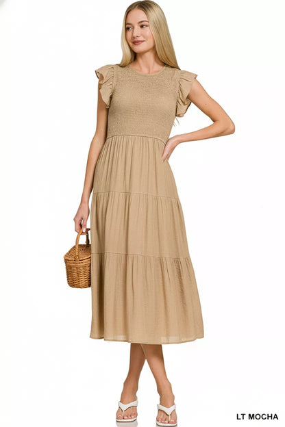 Mocha-colored Zenana woven smocked ruffle sleeve midi dress with flowy fabric and stylish design, perfect for casual or special occasions.