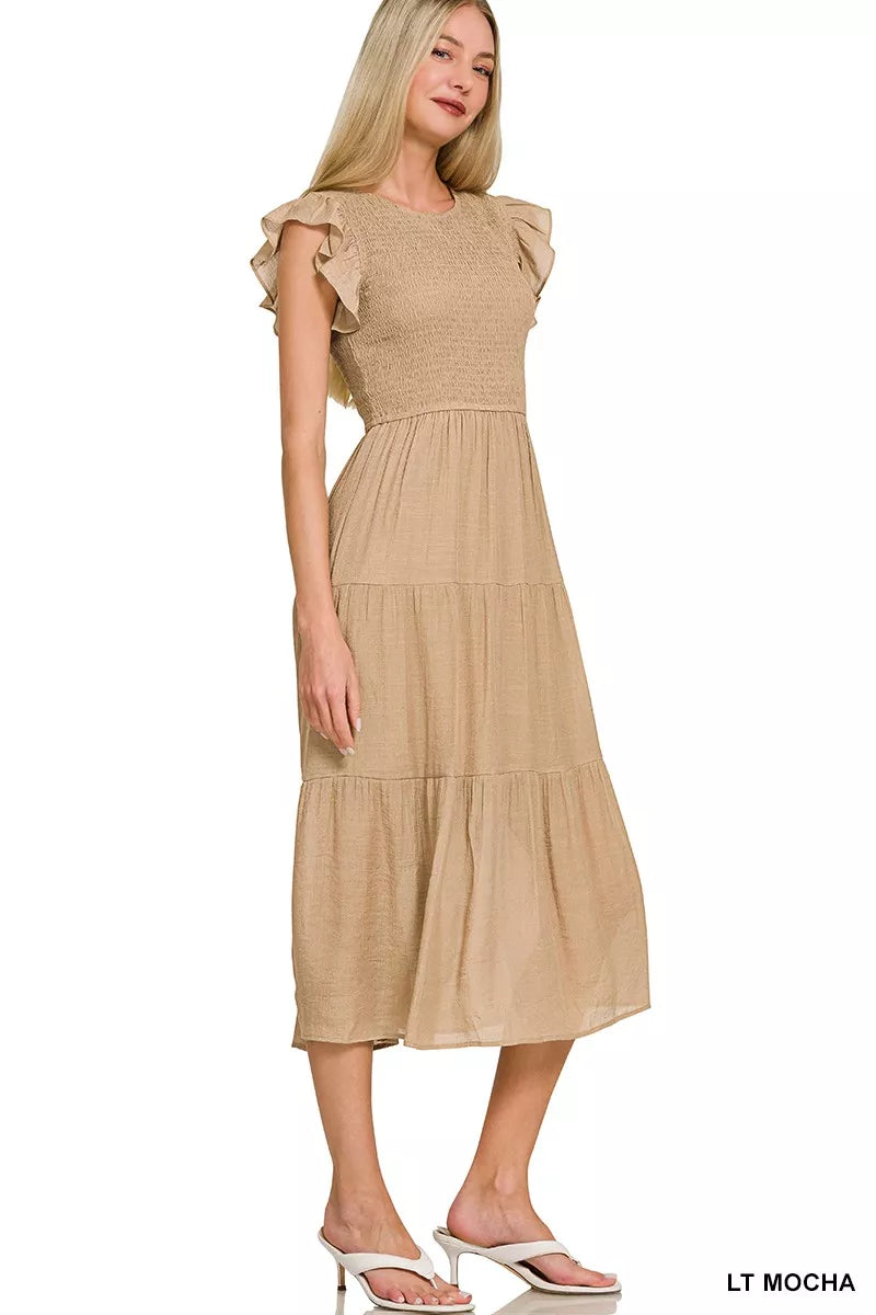 Mocha Zenana woven smocked ruffle sleeve midi dress with a fitted bodice and flowy skirt, stylish and perfect for warm weather.