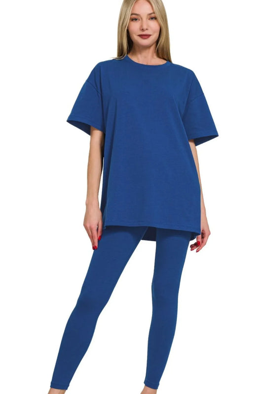 Navy Zenana cotton round neck top and matching leggings set, comfortable casual wear by Trendsi.
