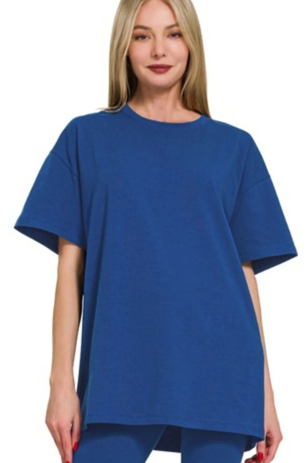 Navy Zenana cotton round neck top and matching leggings set for women, casual and comfortable loungewear.