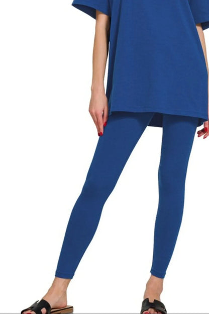 Navy Zenana cotton round neck top and matching leggings set for women, casual and comfortable athletic wear.