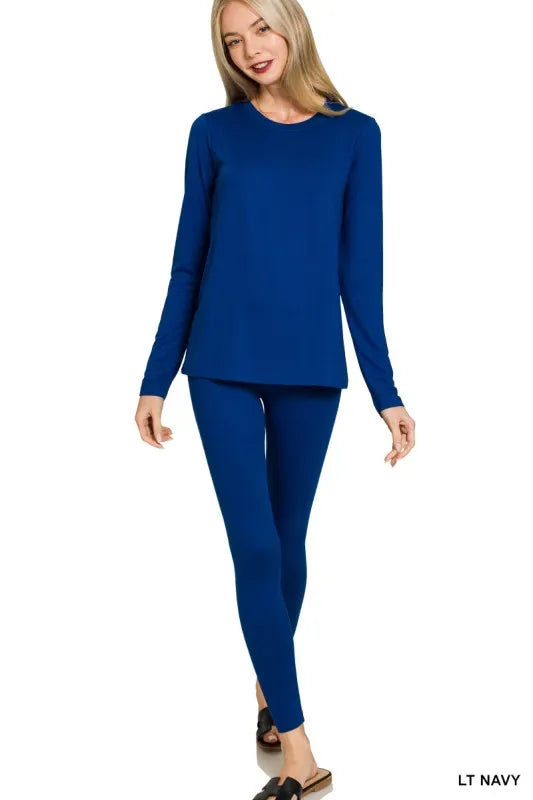 Navy Zenana microfiber round neck top and matching leggings set, casual loungewear outfit, on a plain background.