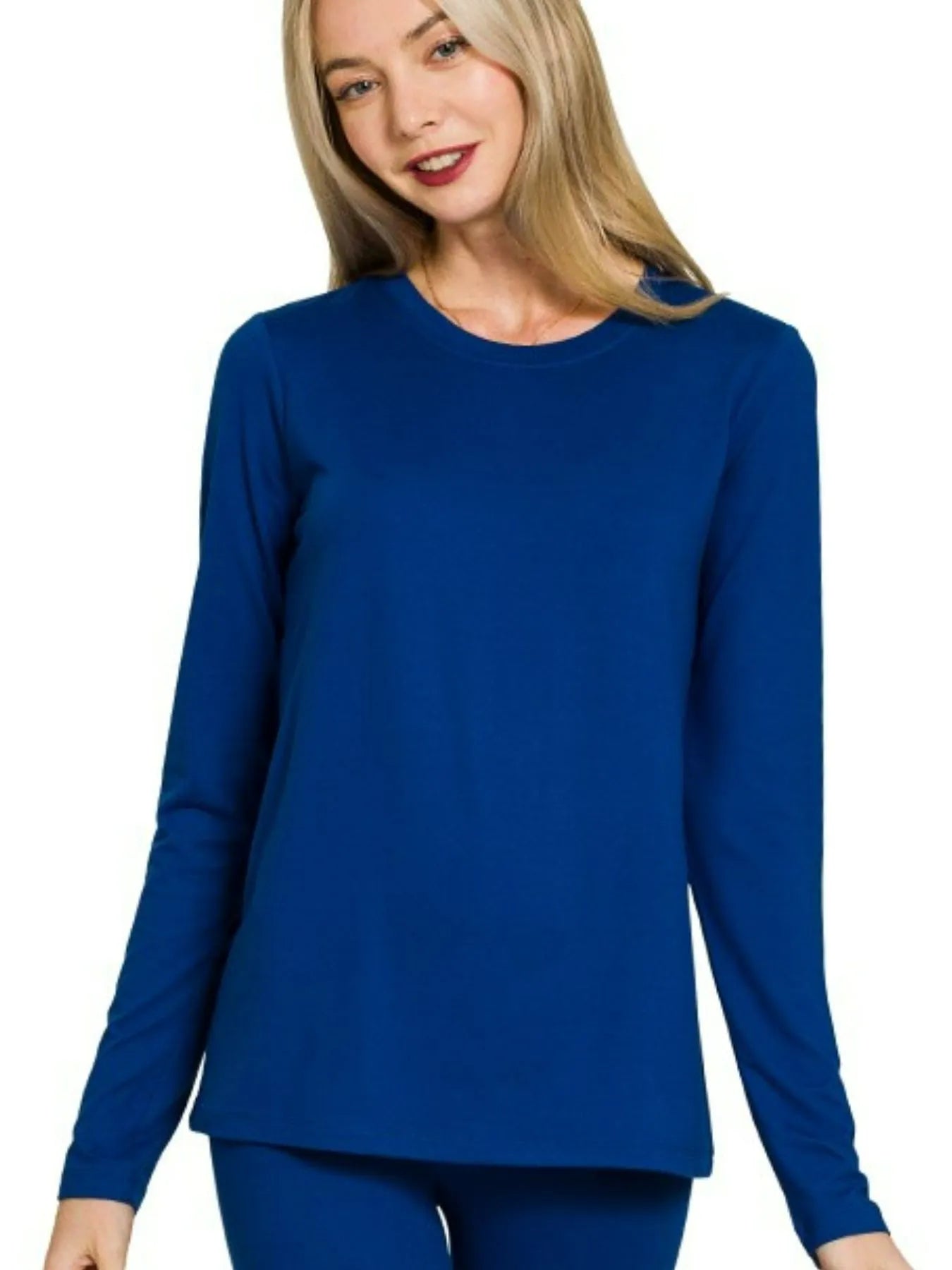 Navy Zenana microfiber round neck top and leggings set, casual matching outfit for women.