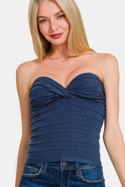 Navy Zenana Ruched Twisted Sweetheart Neck Top with fitted design and ruching detail, styled on a mannequin.