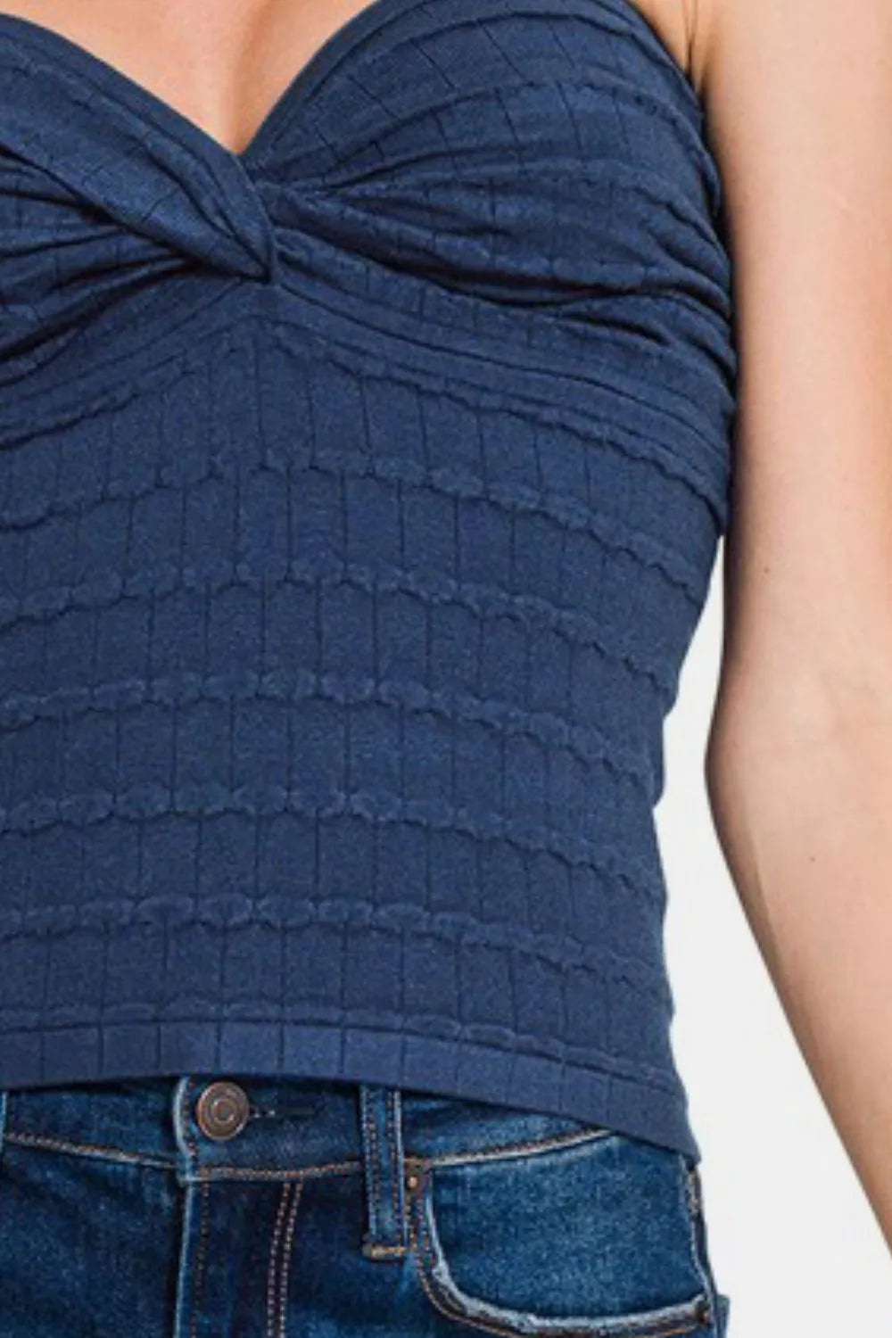 Navy Zenana Ruched Twisted Sweetheart Neck Top with long sleeves, fitted design, and ruched detailing on the front.