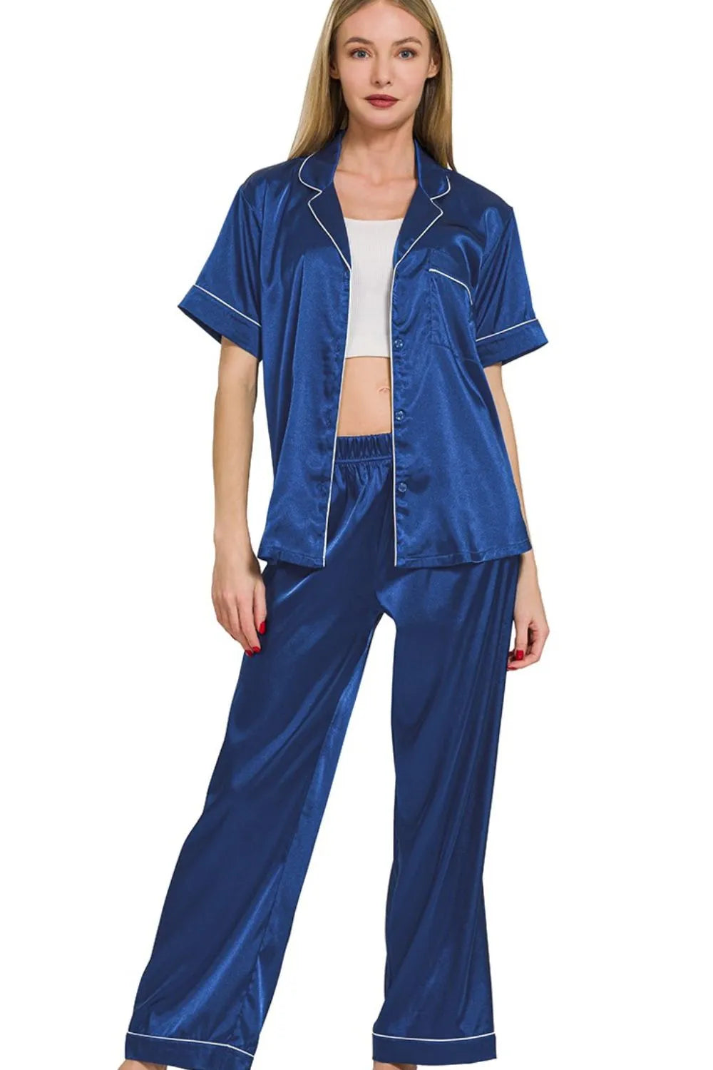 Navy satin short sleeve top and matching pants pajama set by Zenana, soft and comfortable sleepwear for women.