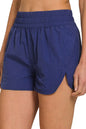 Navy Zenana windbreaker running shorts with smocked waistband, lightweight and comfortable for active wear.