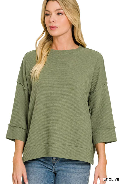 Olive green Zenana double knit 3/4 sleeve top with a relaxed fit, styled on a mannequin.