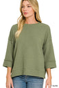Olive green Zenana double knit 3/4 sleeve top with a relaxed fit, styled on a mannequin.