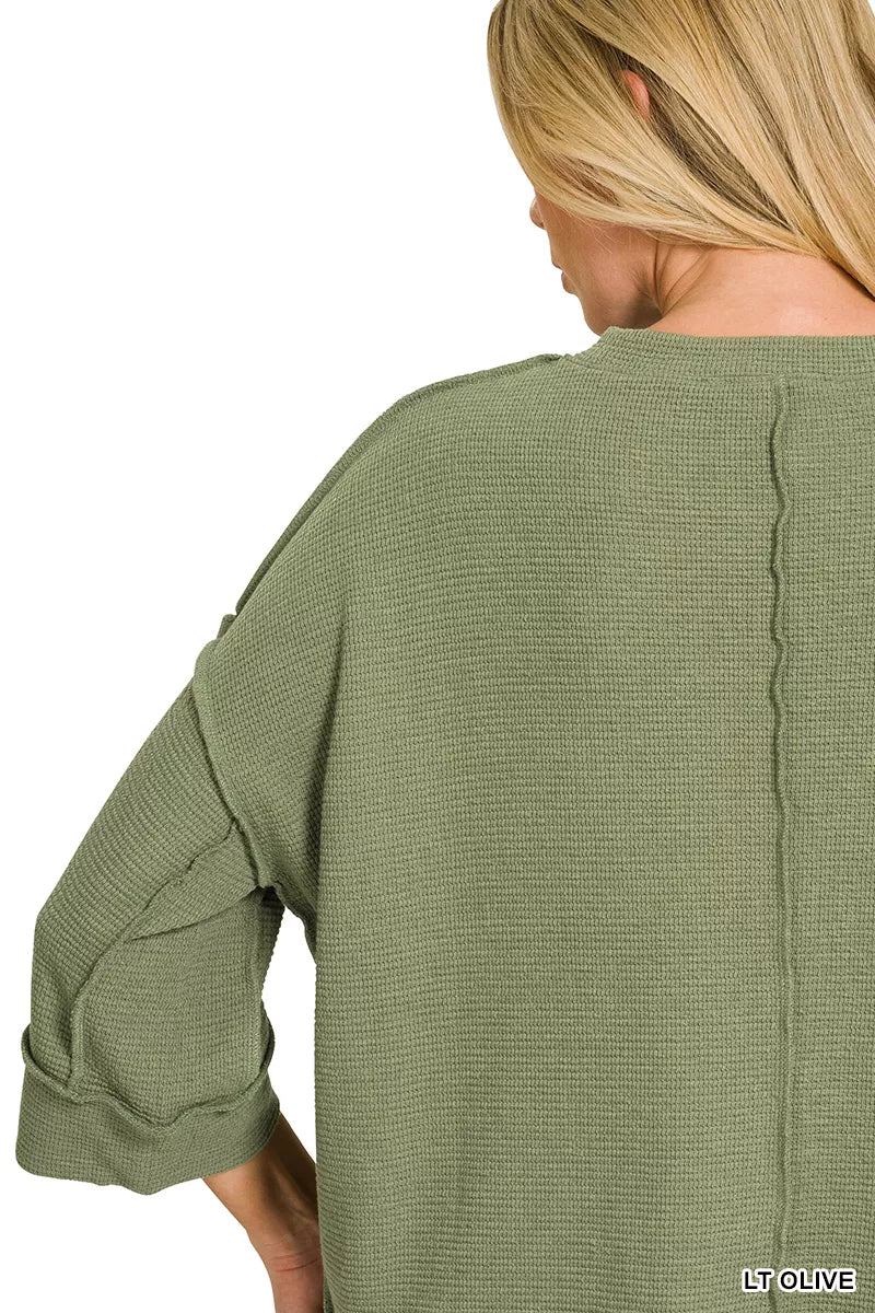 Olive green Zenana double knit 3/4 sleeve top with a relaxed fit, featuring a round neckline and casual style.