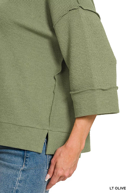 Olive green Zenana double knit 3/4 sleeve top with a relaxed fit, styled on a model for casual wear.