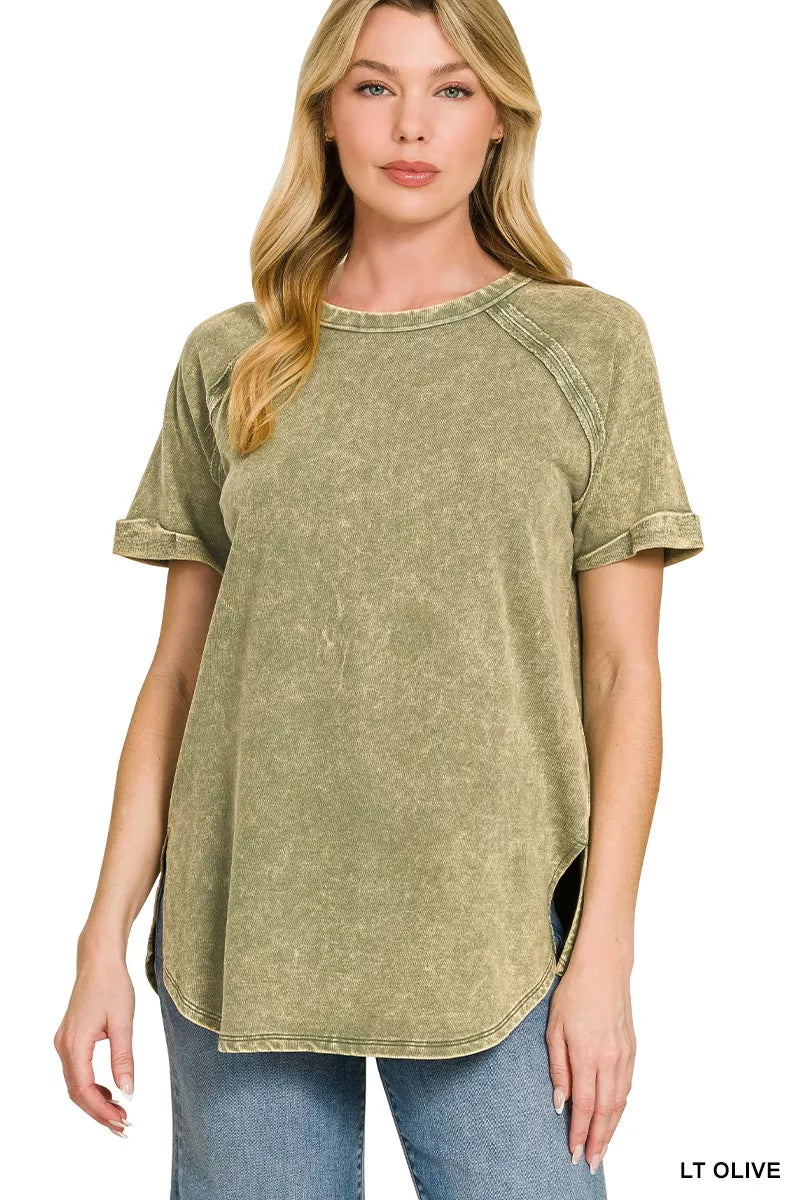 Olive green Zenana French Terry washed curved hem top with long sleeves and relaxed fit, casual style, from Trendsi.
