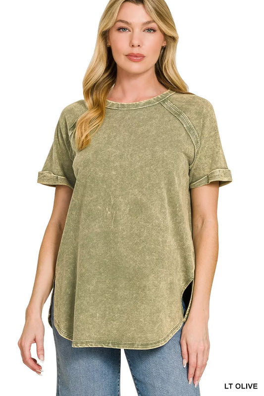 Olive green Zenana French Terry washed curved hem top with long sleeves and relaxed fit, casual style, from Trendsi.