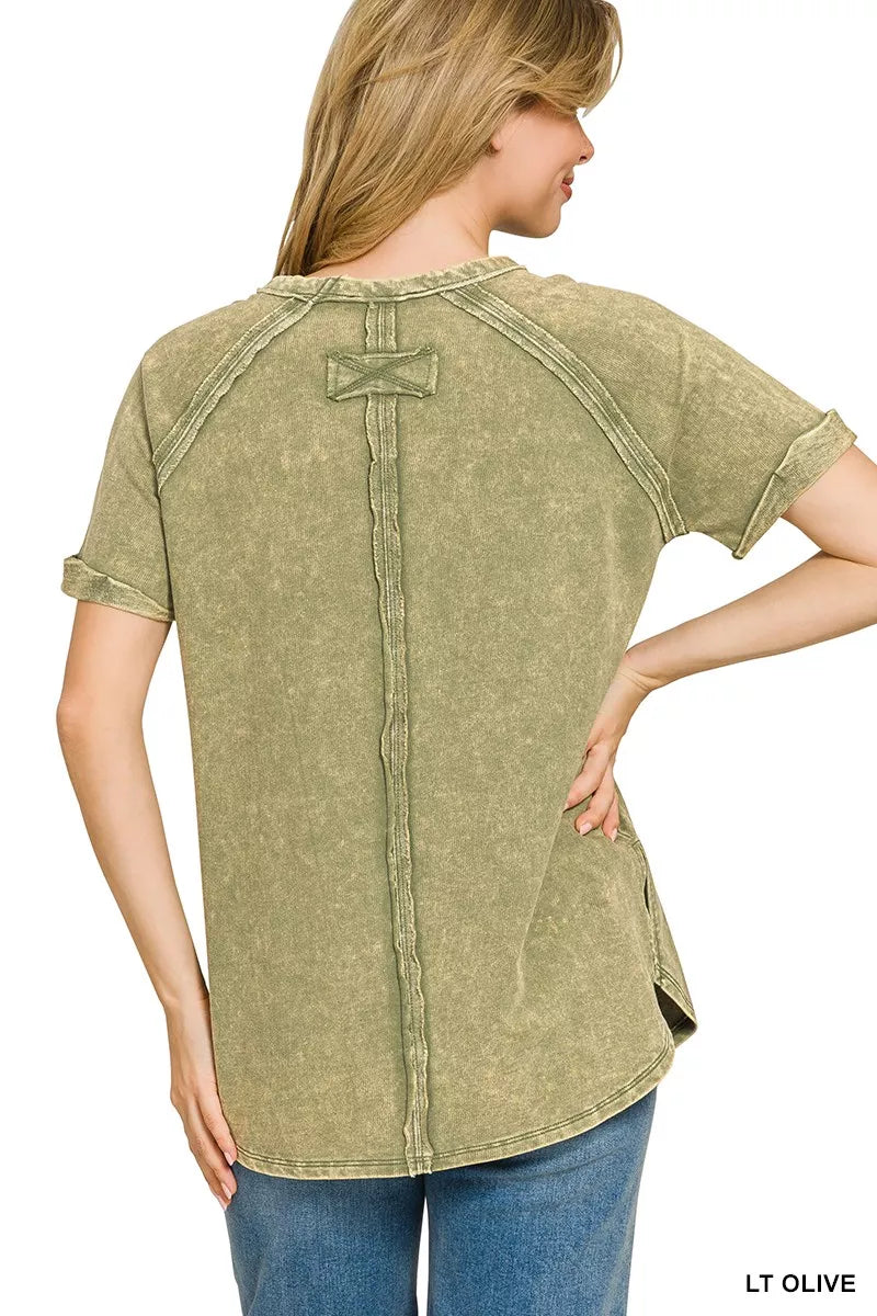 Olive green Zenana French Terry washed curved hem top with long sleeves and relaxed fit, stylish casual wear from Trendsi.