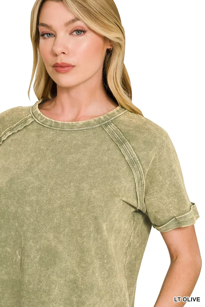 Olive green Zenana French Terry washed curved hem top with long sleeves and relaxed fit, casual and comfortable for everyday wear.