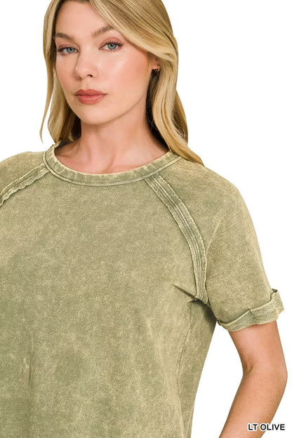 Olive green Zenana French Terry washed curved hem top with long sleeves and relaxed fit, casual and comfortable for everyday wear.