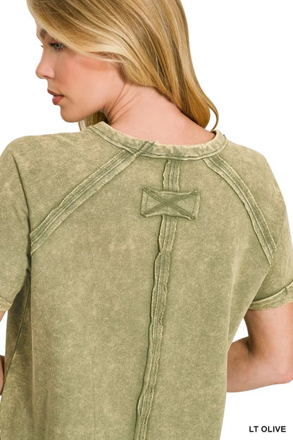 Olive green Zenana French Terry washed curved hem top with long sleeves and relaxed fit, casual style for comfortable everyday wear.