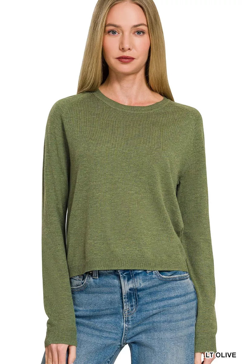 Olive green Zenana lightweight wool blend round neck sweater, casual and cozy for women, designed by Trendsi.