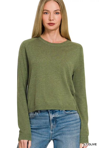 Olive green Zenana lightweight wool blend round neck sweater, casual and cozy for women, designed by Trendsi.