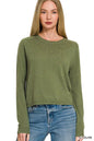 Olive green Zenana lightweight wool blend round neck sweater, casual and cozy for women, designed by Trendsi.