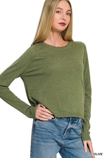 Olive green Zenana lightweight wool blend round neck sweater, casual long-sleeve knit top for women.