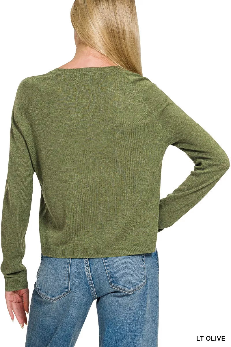 Olive green Zenana lightweight wool blend round neck sweater with long sleeves and ribbed cuffs, casual and cozy for everyday wear.