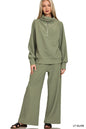 Olive green Zenana ribbed high-neck half-zip pullover and matching pants set, trendy loungewear from Trendsi.