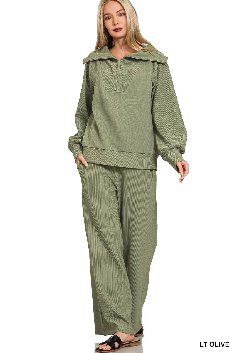 Olive green Zenana ribbed high neck half-zip pullover and matching pants set, stylish loungewear from Trendsi.