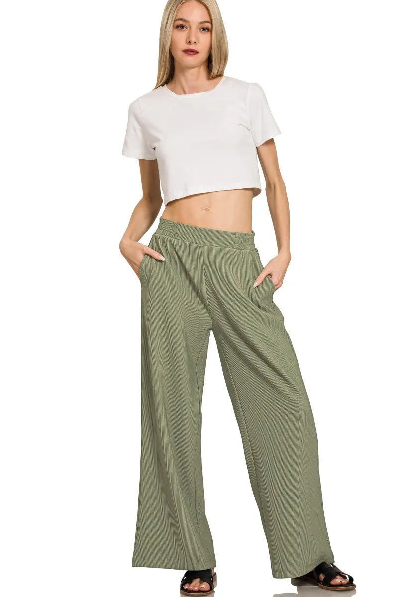 Olive green Zenana ribbed high-neck half-zip pullover and matching pants set, stylish loungewear by Trendsi