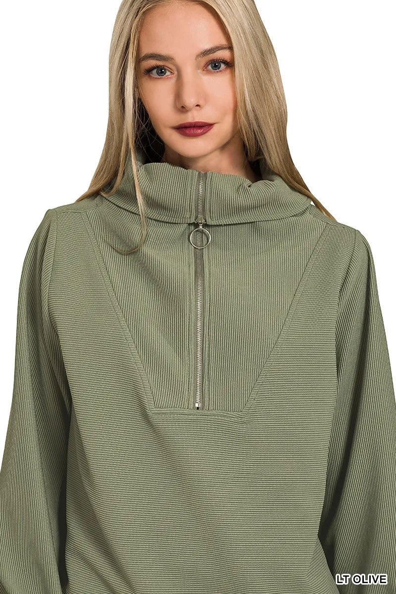 Olive green Zenana ribbed high neck half-zip pullover and matching pants set, casual loungewear from Trendsi.