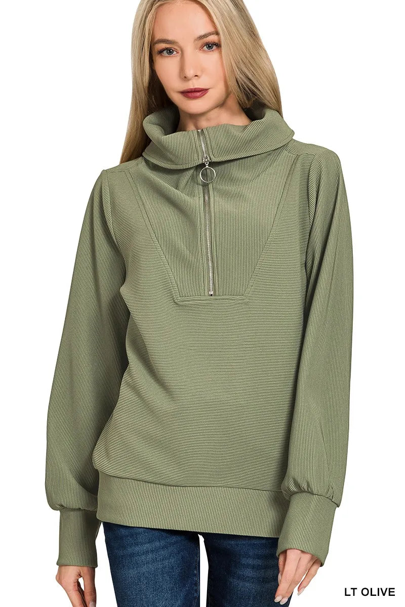 Olive green Zenana ribbed high-neck half-zip pullover and matching pants set, stylish loungewear by Trendsi.