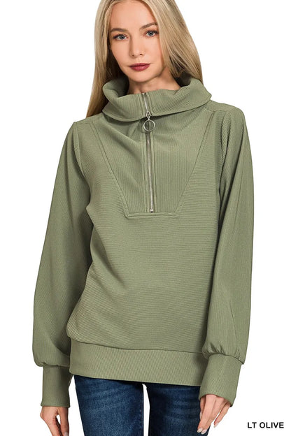 Olive green Zenana ribbed high-neck half-zip pullover and matching pants set, stylish loungewear by Trendsi.