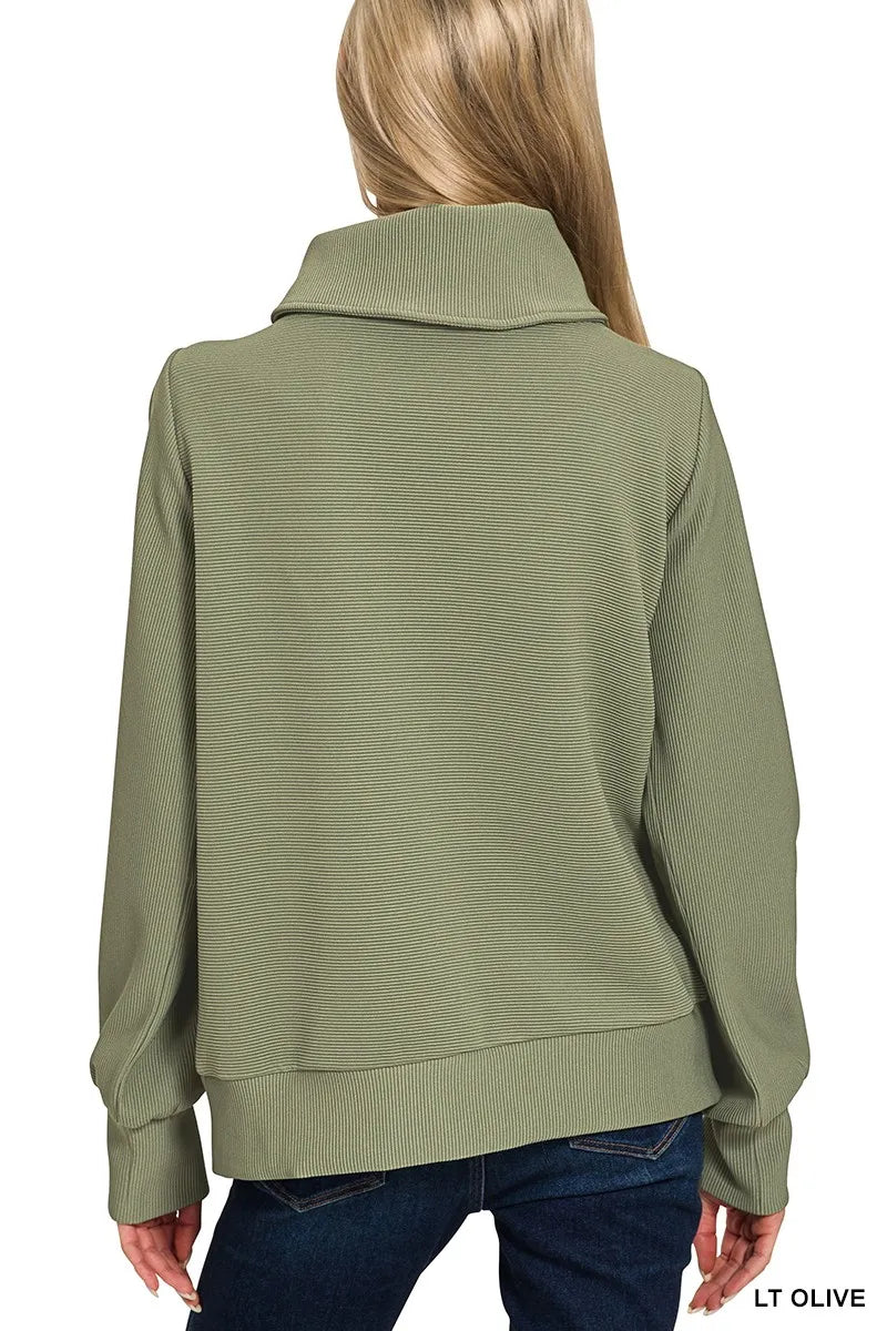 Olive green Zenana ribbed high-neck half-zip pullover and matching pants set, casual loungewear from Trendsi.