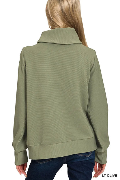 Olive green Zenana ribbed high-neck half-zip pullover and matching pants set, casual loungewear from Trendsi.