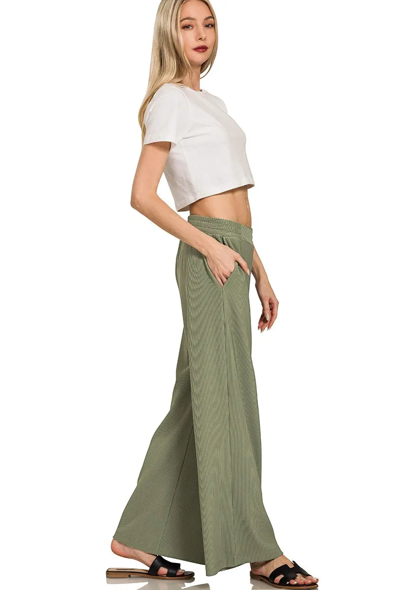 Olive green Zenana ribbed high-neck half-zip pullover and matching pants set, casual loungewear from Trendsi.