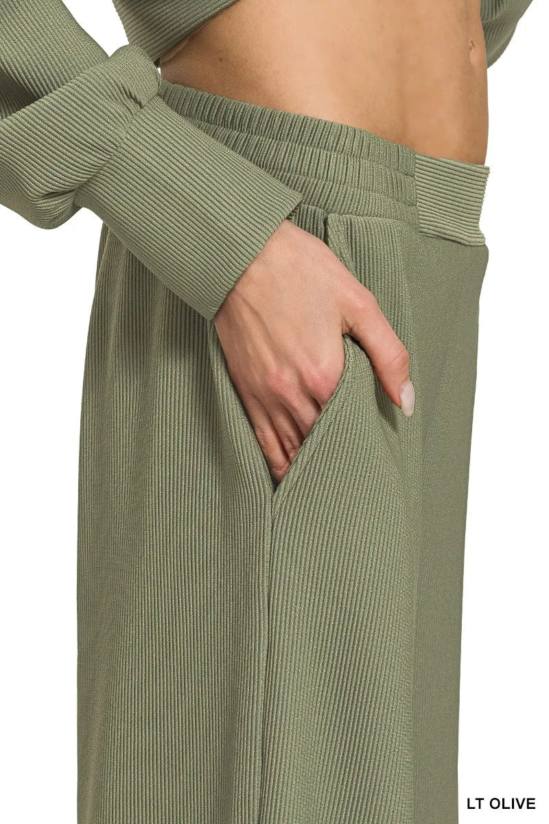 Olive green Zenana ribbed high neck half zip pullover and matching pants set, stylish and comfortable casual outfit by Trendsi.