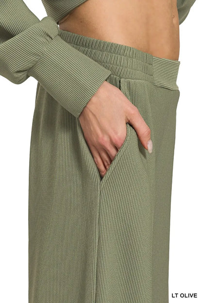 Olive green Zenana ribbed high neck half zip pullover and matching pants set, stylish and comfortable casual outfit by Trendsi.