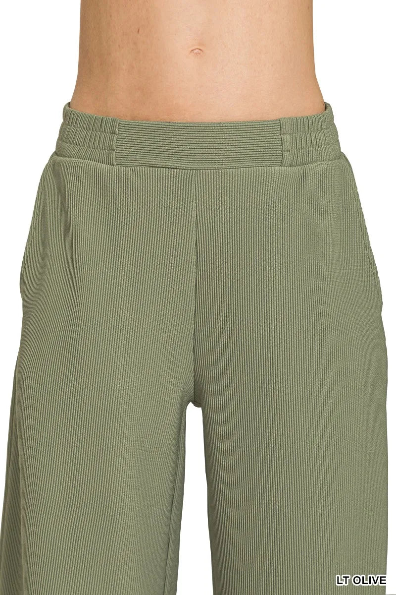 Olive green Zenana ribbed high neck half-zip pullover and matching pants set, stylish loungewear by Trendsi