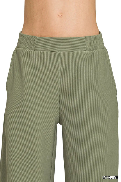 Olive green Zenana ribbed high neck half-zip pullover and matching pants set, stylish loungewear by Trendsi