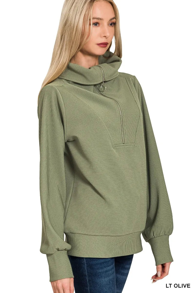 Olive green Zenana ribbed high neck half zip pullover and pants set, cozy knit loungewear from Trendsi.