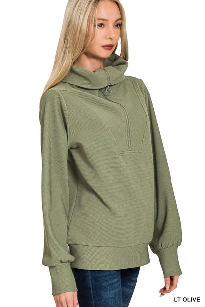 Olive green Zenana ribbed high neck half zip pullover and pants set, cozy knit loungewear from Trendsi.