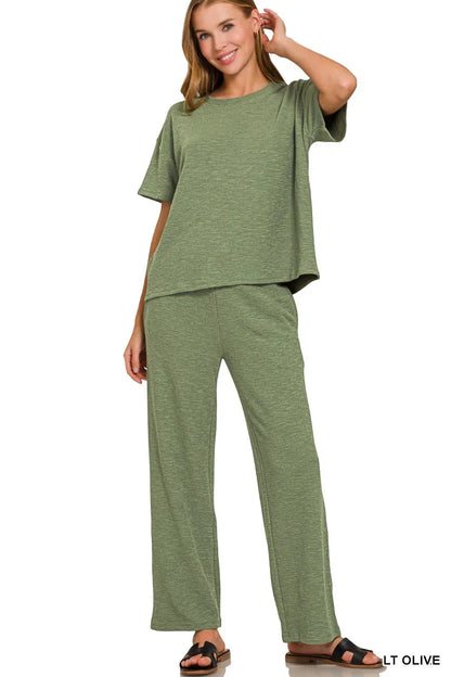 Olive green Zenana slub short sleeve T-shirt and matching pants set on a model, casual and comfortable loungewear.