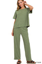 Olive green Zenana slub short sleeve T-shirt and matching pants set on a model, casual and comfortable loungewear.