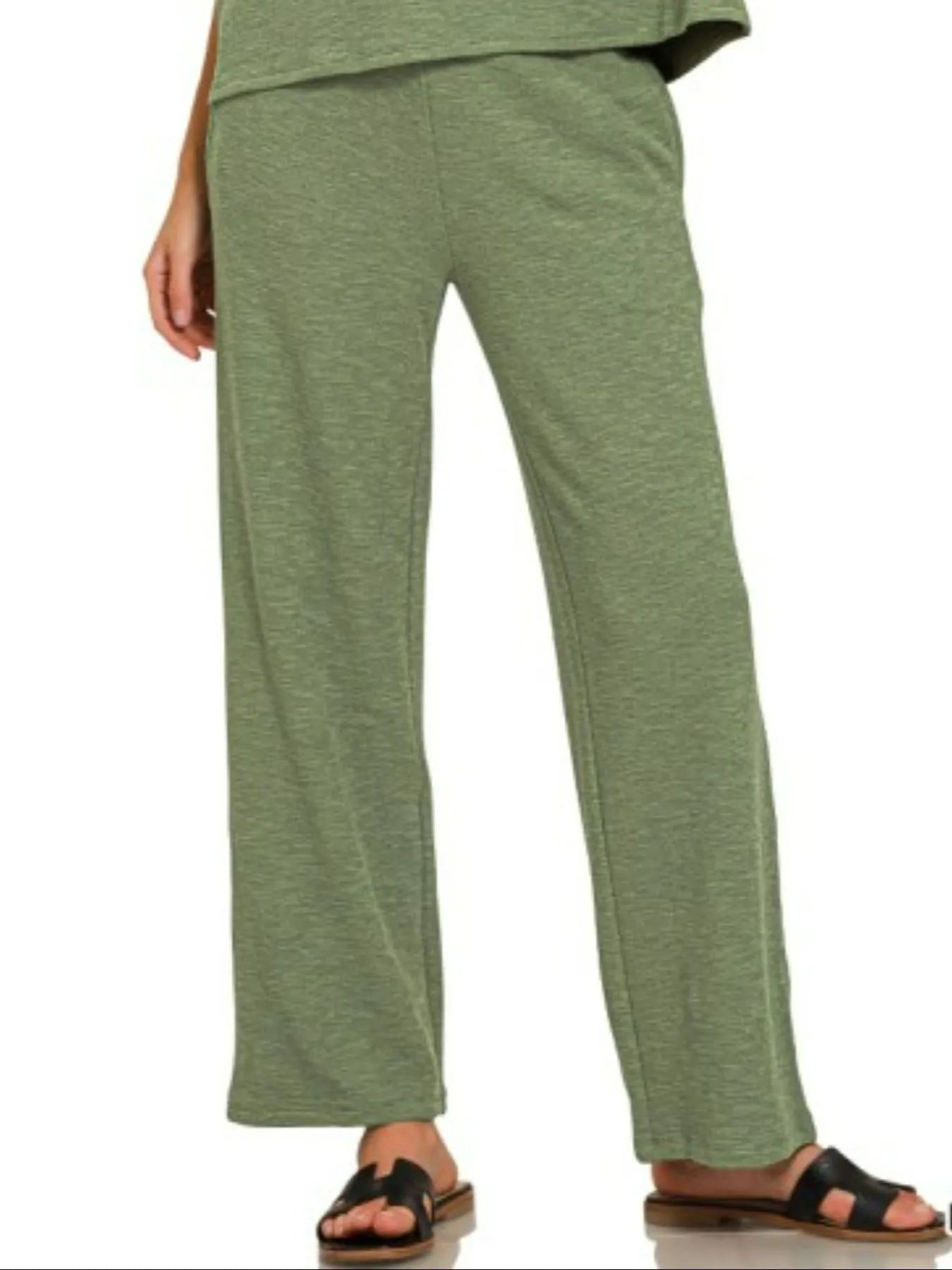 Olive green Zenana slub short sleeve T-shirt and pants set with a relaxed fit, casual loungewear from Trendsi.