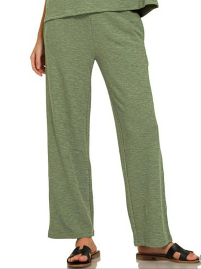 Olive green Zenana slub short sleeve T-shirt and pants set with a relaxed fit, casual loungewear from Trendsi.