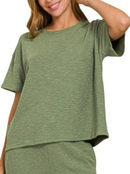 Olive green Zenana Slub short sleeve T-shirt and matching pants set, casual loungewear for women, by Trendsi