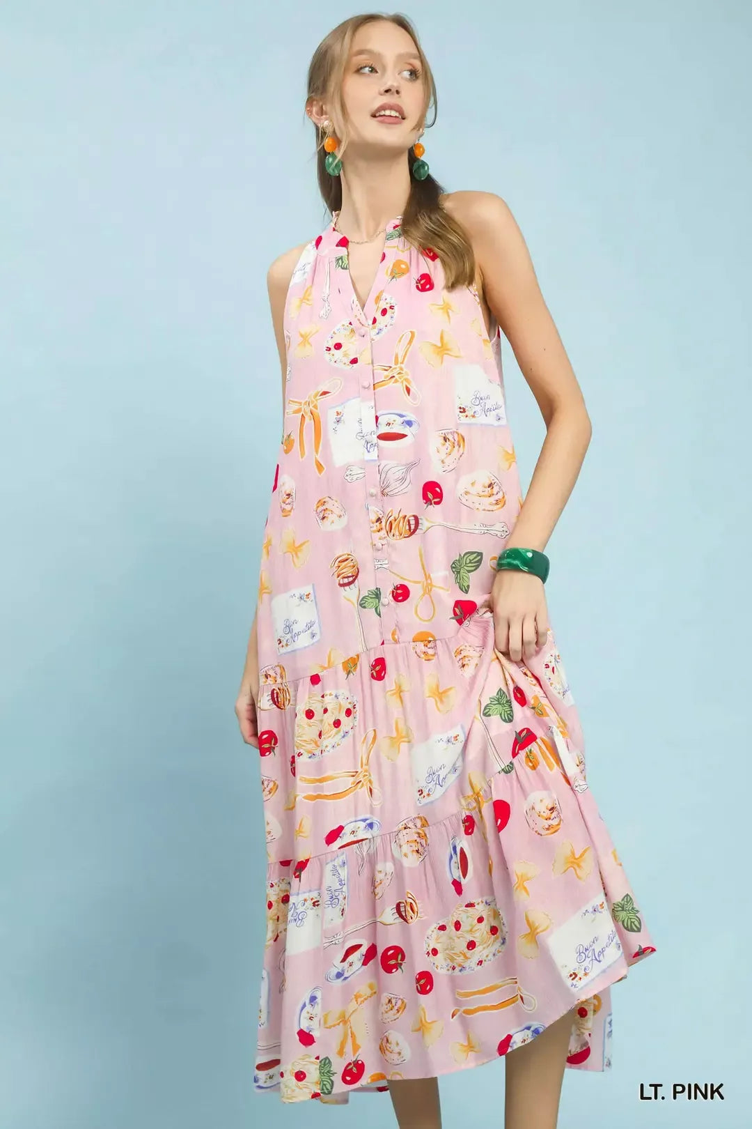 Pink Umgee abstract print tiered halter midi dress, featuring a flowy silhouette and stylish design for casual or semi-formal wear.